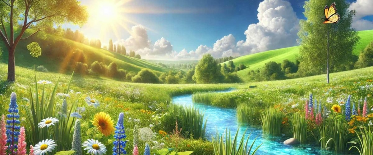 Lush grön äng under en klarblå himmel med vildblommor och en liten bäck, vilket representerar de naturliga och hälsofrämjande fördelarna med Rain Soul.