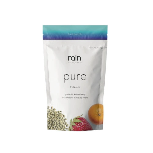 Rain Pure produkt med probiotiska och prebiotiska ingredienser för förbättrad matsmältning och tarmhälsa.