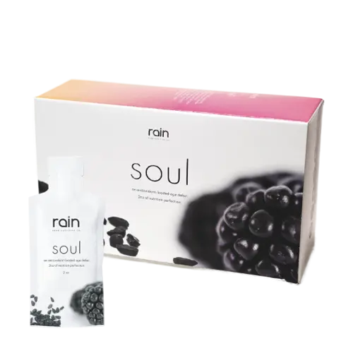 Rain Soul produkt från Rain International med svartkumminfrön och bär, ett naturligt kosttillskott för hjärthälsa och energi.