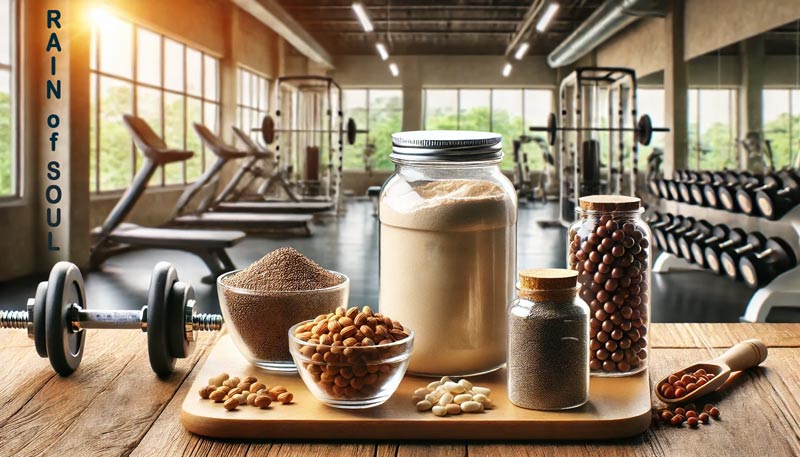 Ingredienser i Rain Form proteinpulver – ärtprotein, chiafrön, Sacha Inchi-frön, inulin och BCAA i en gymmiljö.