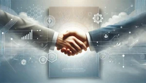 Handshake som symboliserar partnerskap med Rain International och tillgång till produktinformation om fröbaserade hälsotillskott. Kontakta Rain International.