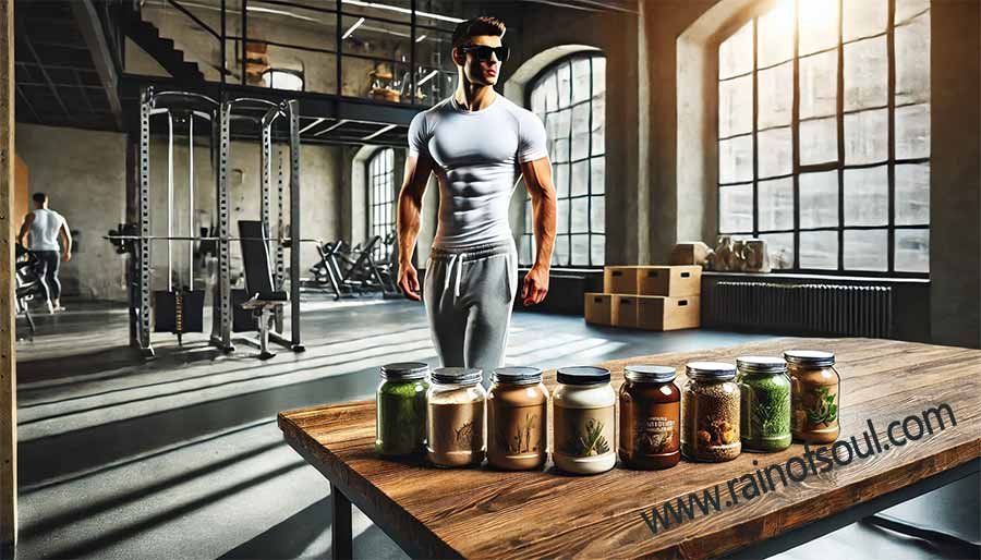 Muscular man in a gym wearing black sunglasses and a white t-shirt, with Rain Form plant-based protein powders displayed on a wooden table.
